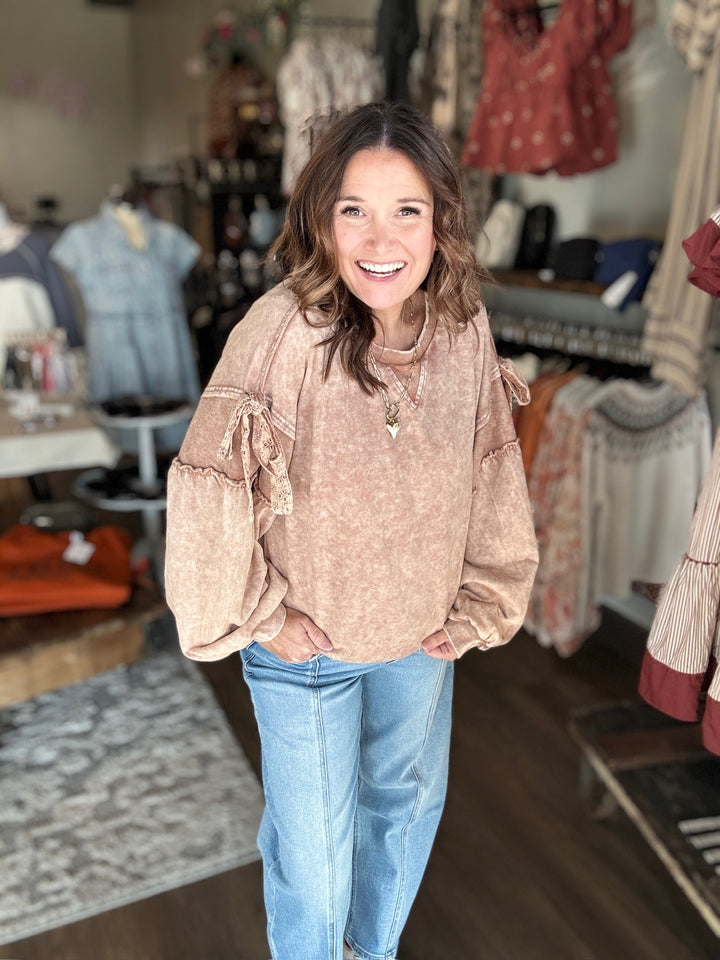 Mocha Brown Bow Sleeve Sweatshirt