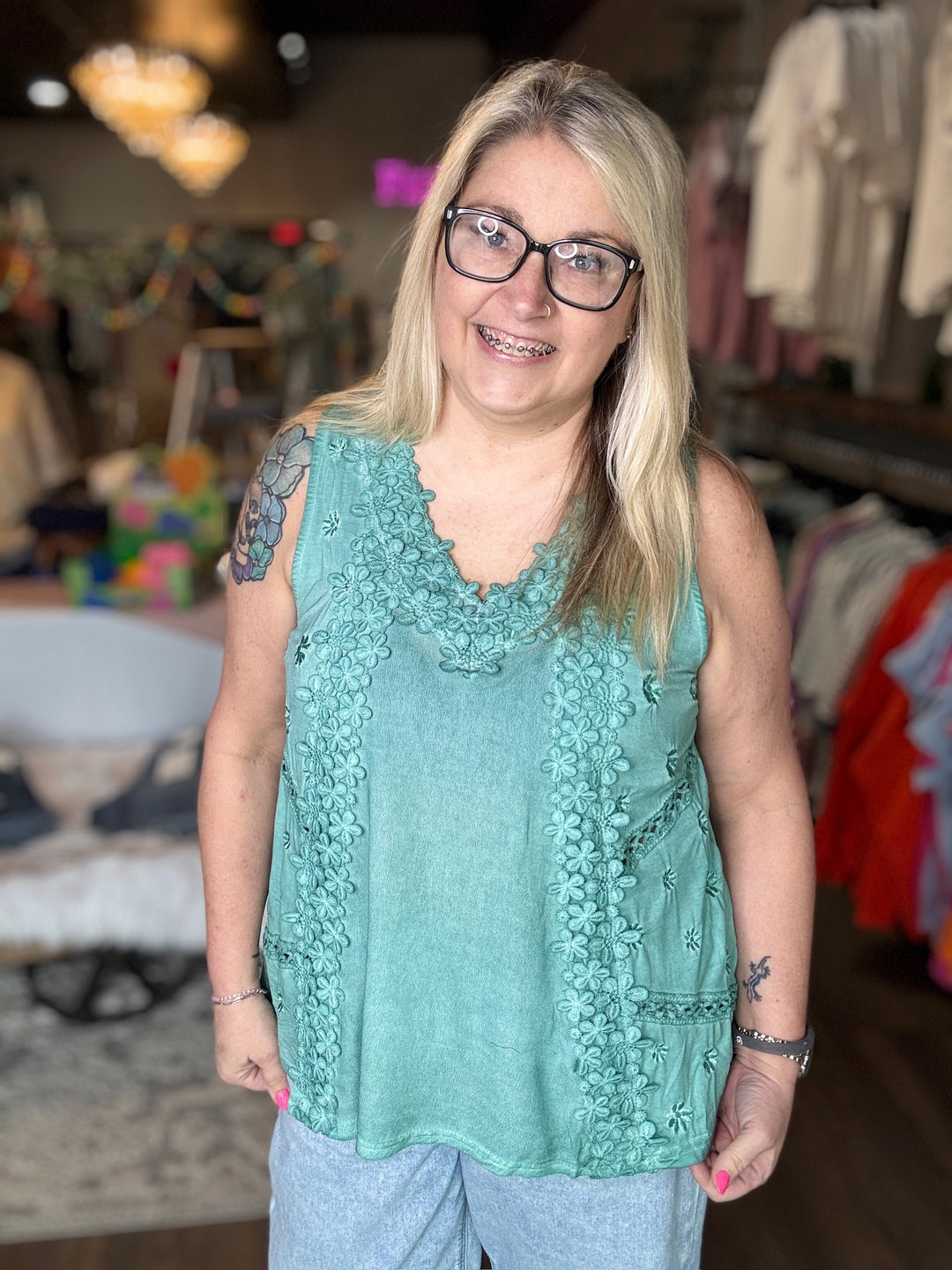 Spring Emerald Floral Lace Tank