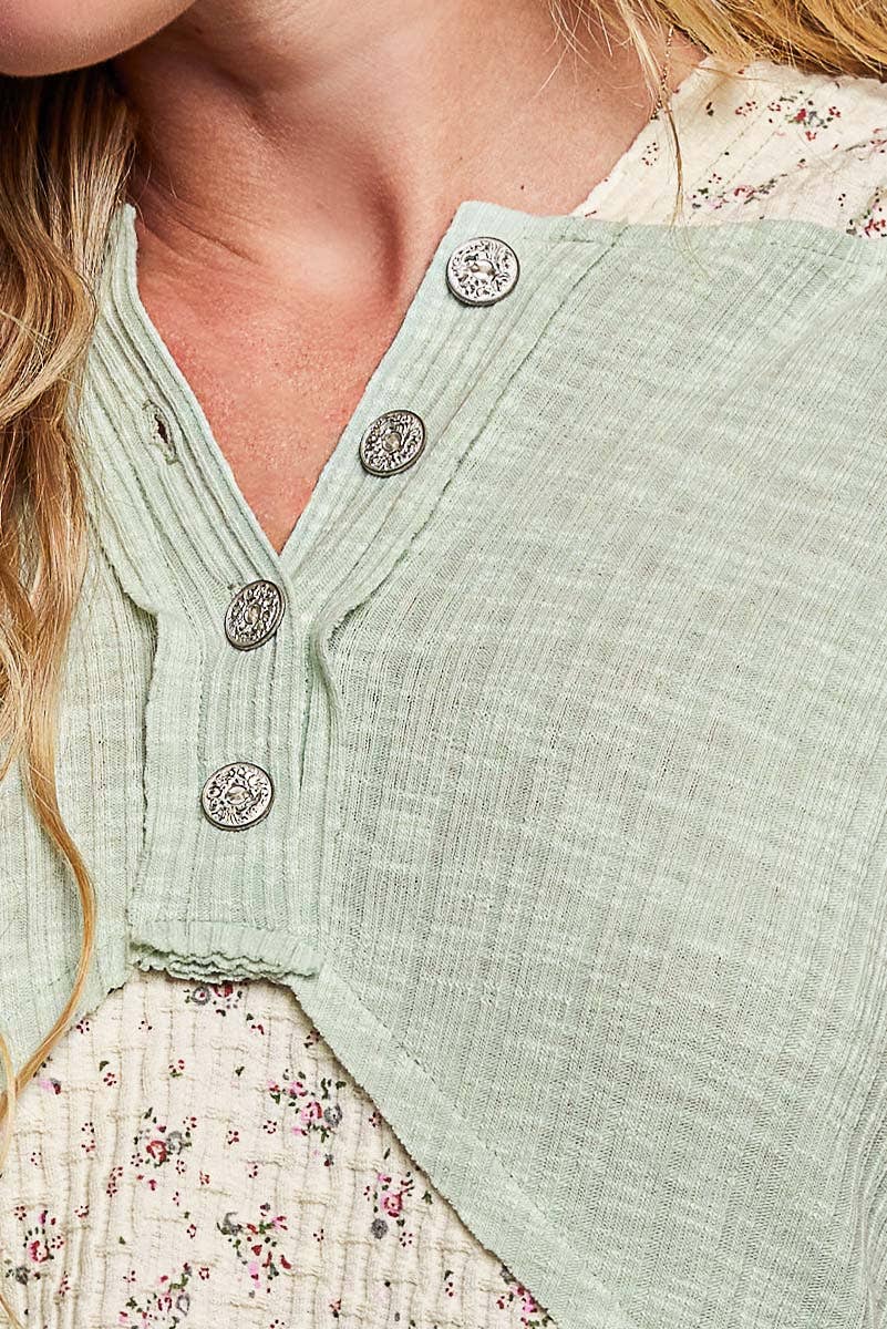 Mixed-Fabric Feminine Look Floral Lace Trim Long Sleeve