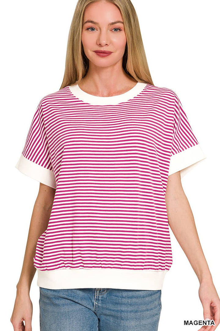 Stripe Contrast Trim Banded Bottom Top - Zenana