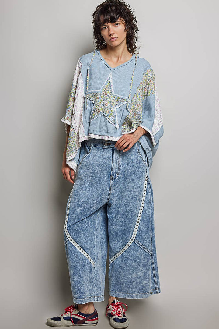 Long Sleeve Lace Contrast Floral Star Patch Knit Top SALE