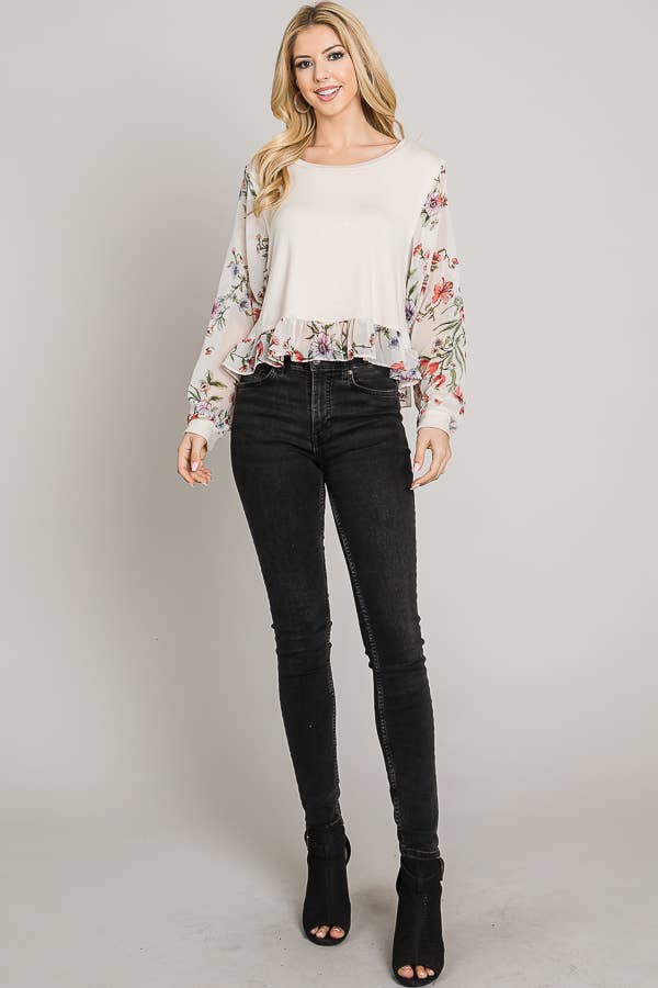 Printed chiffon sleeve ruffle hem sweater