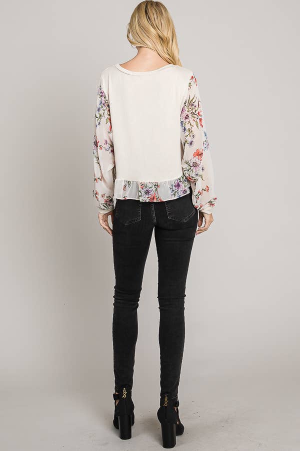 Printed chiffon sleeve ruffle hem sweater