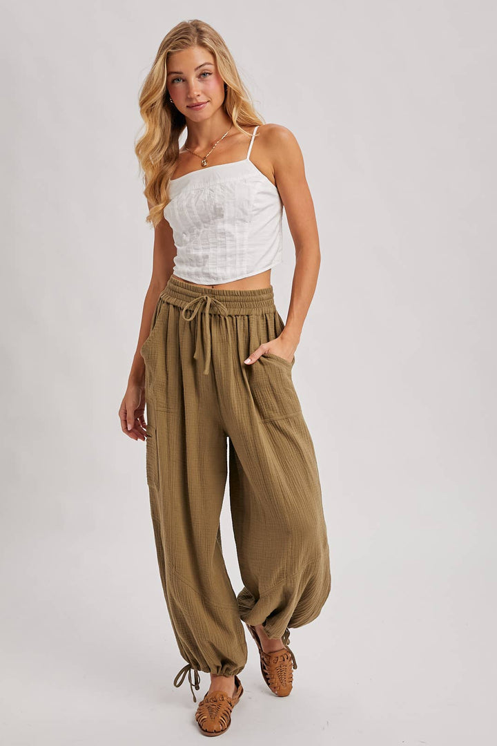 JOGGER HAREM DRAWSTRING PANTS: LT.OLIVE / S