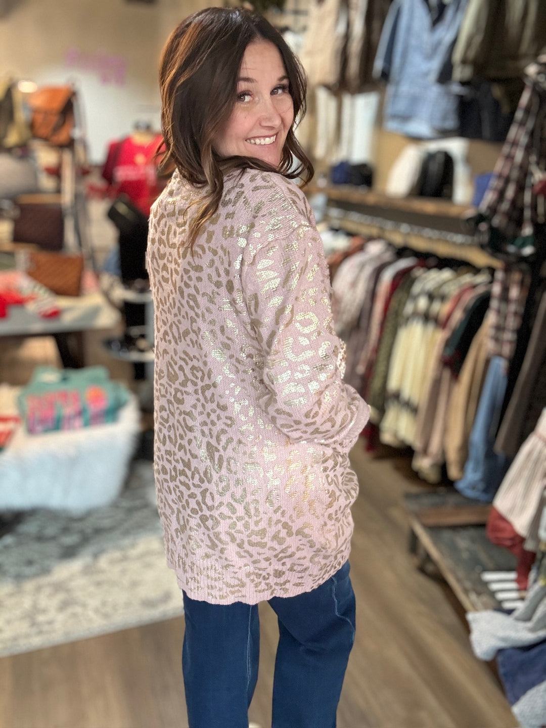 Pink & Gold Leopard Print Cardigan