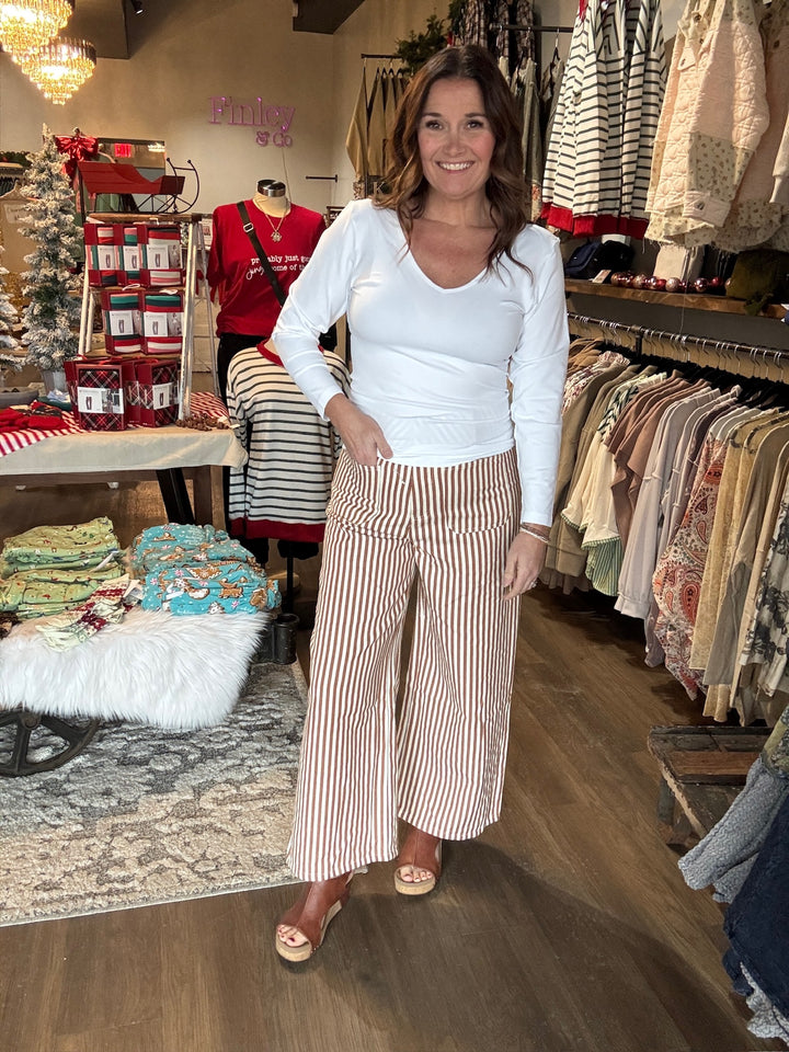 Camel Striped Wide Leg Pants