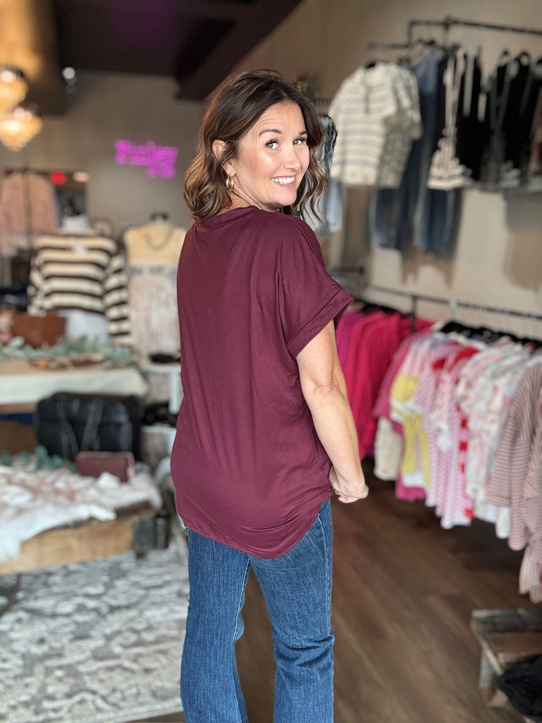 V Neck Rolled Sleeve Tee