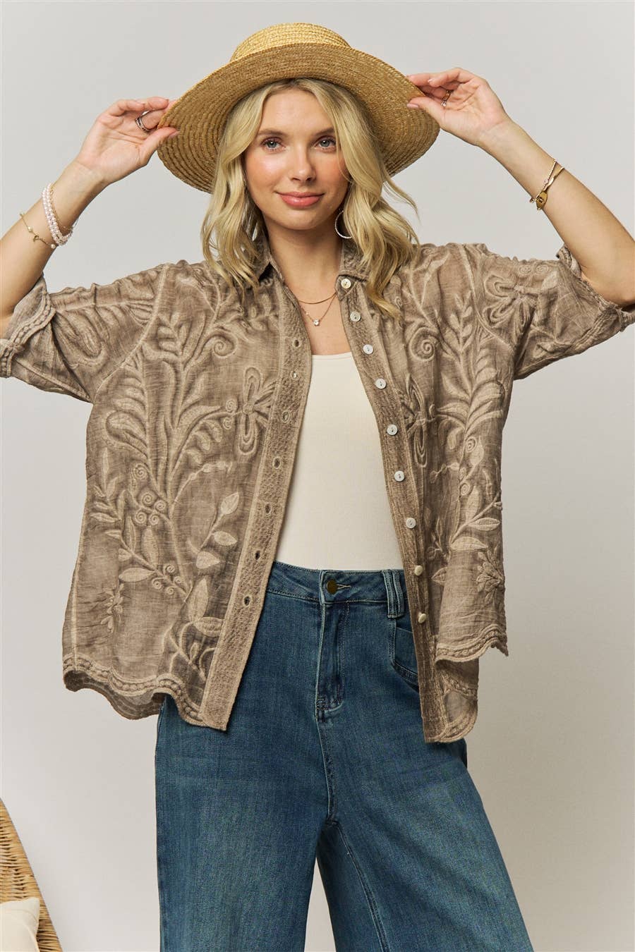 VINTAGE BOHO EMBROIDERED BUTTON-DOWN SHIRT - LET4283