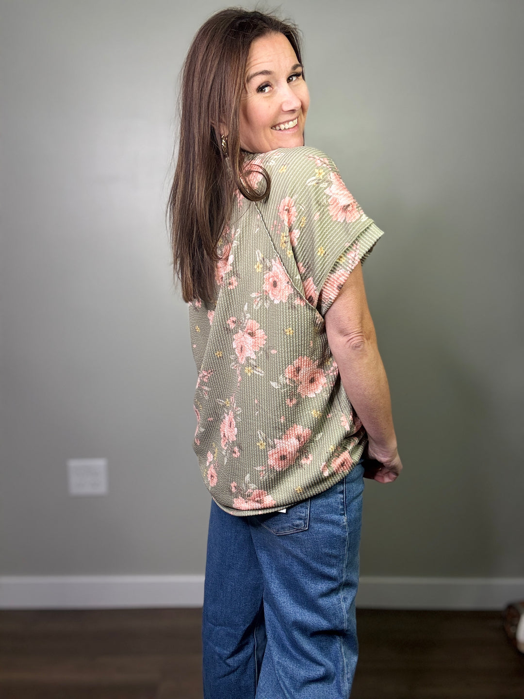 Olive Ribbed Floral Top