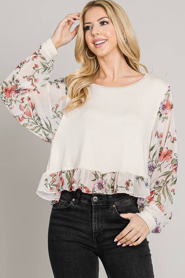 Printed chiffon sleeve ruffle hem sweater