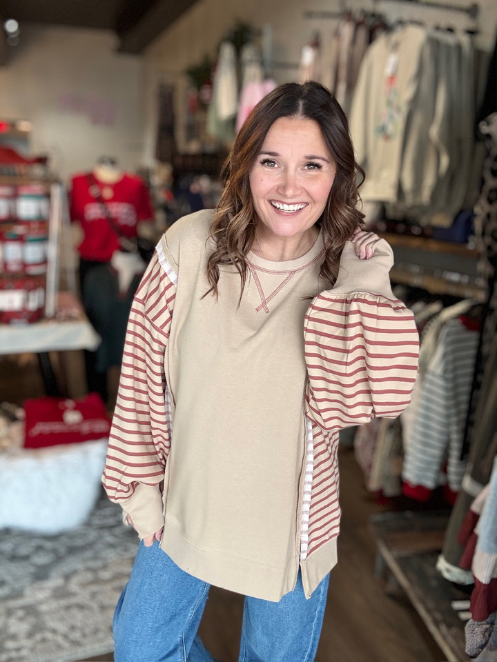 Oversized Tan Stripe Contrast Sweatshirt