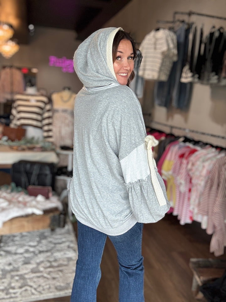 Grey Balloon Sleeve Lace Trim Zip Hoodie