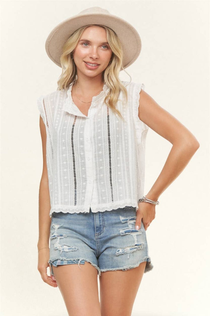 SLEEVELESS BOHO LACE TRIM BLOUSE- LET3998