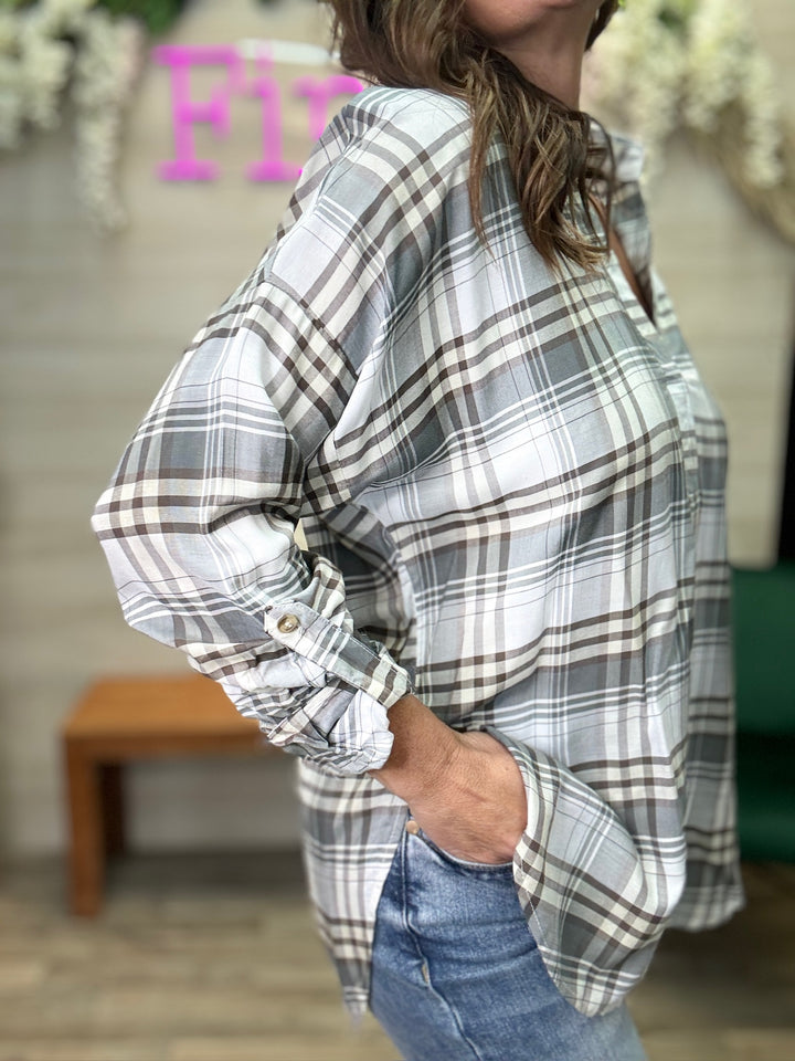 Split Neck Plaid Top