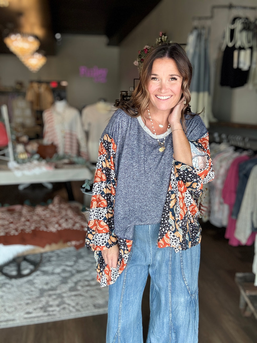 Blue Patchwork Print Boho Top