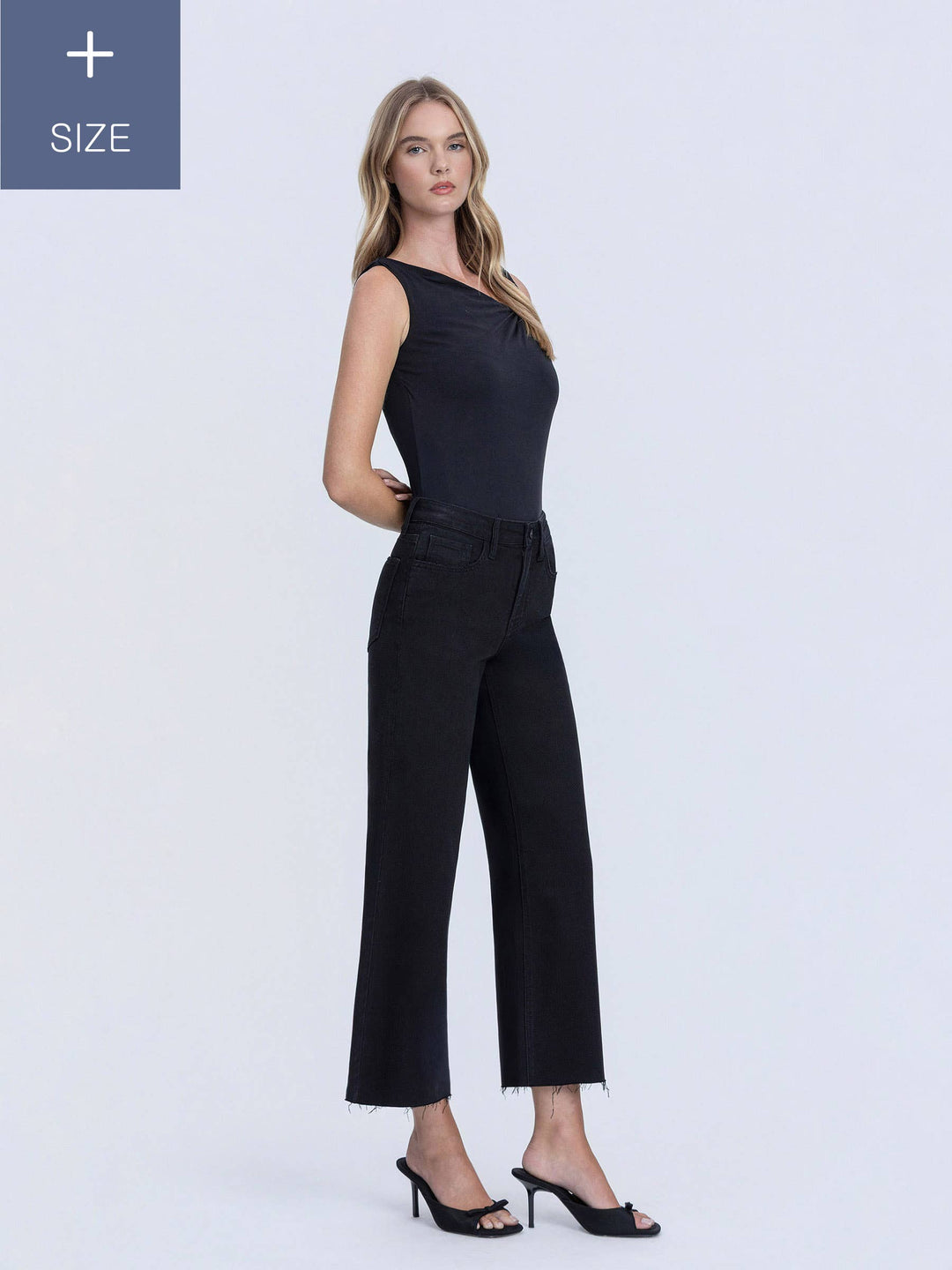 PLUS HIGH RISE RAW HEM CROP BLACK  WIDE LEG JEANS LV1220BK-P