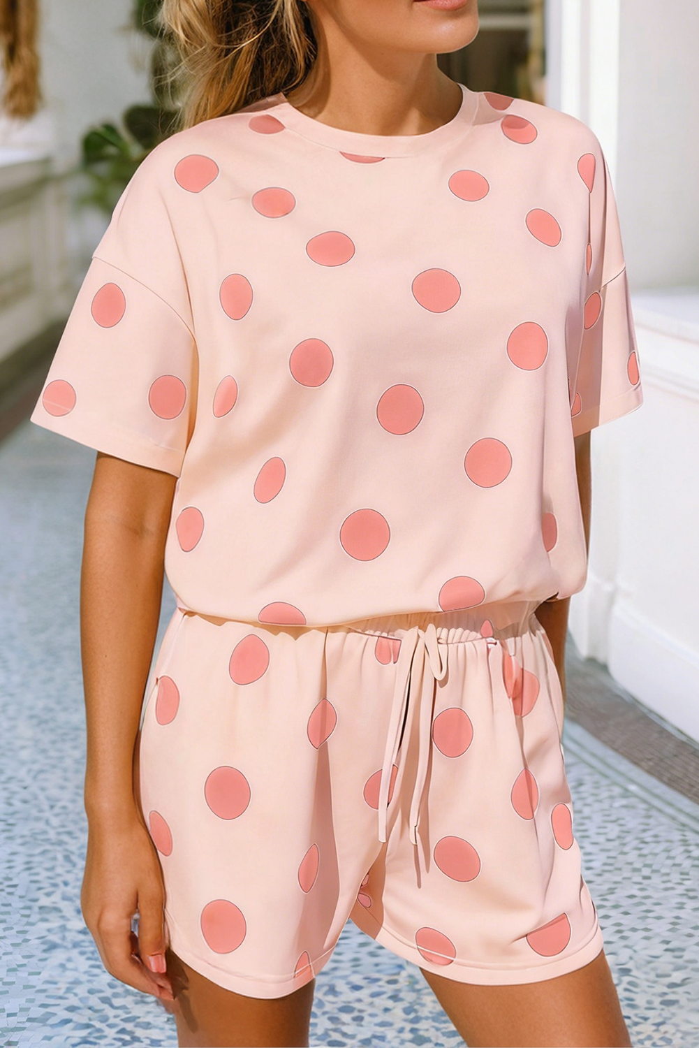 Polka Dot Loose Tee Drawstring Elastic Waist Short Set |S-4X