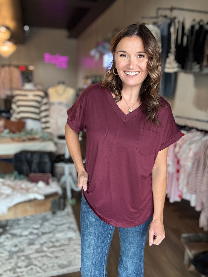 V Neck Rolled Sleeve Tee