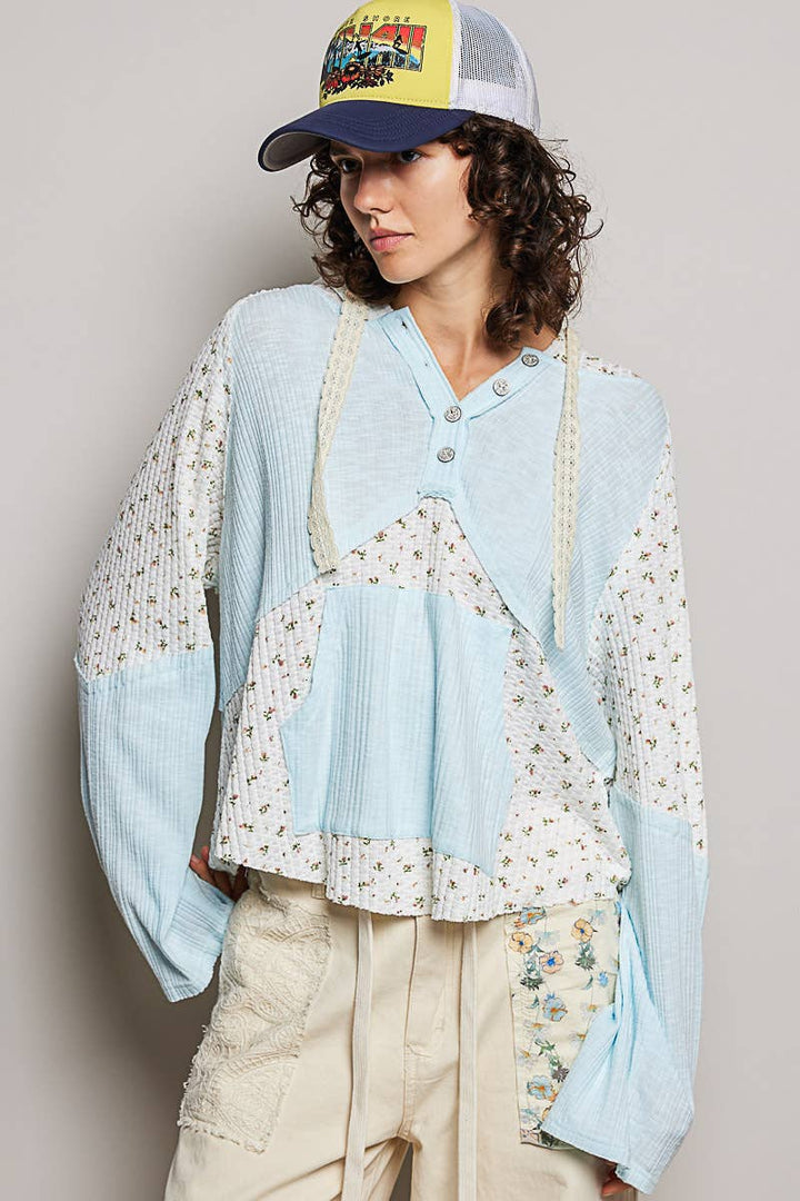Mixed-Fabric Feminine Look Floral Lace Trim Long Sleeve