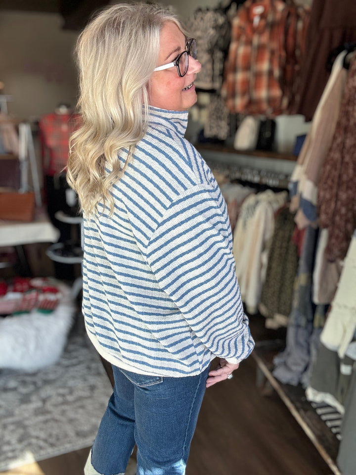 Mock Neck Blue Striped Sweatshirt