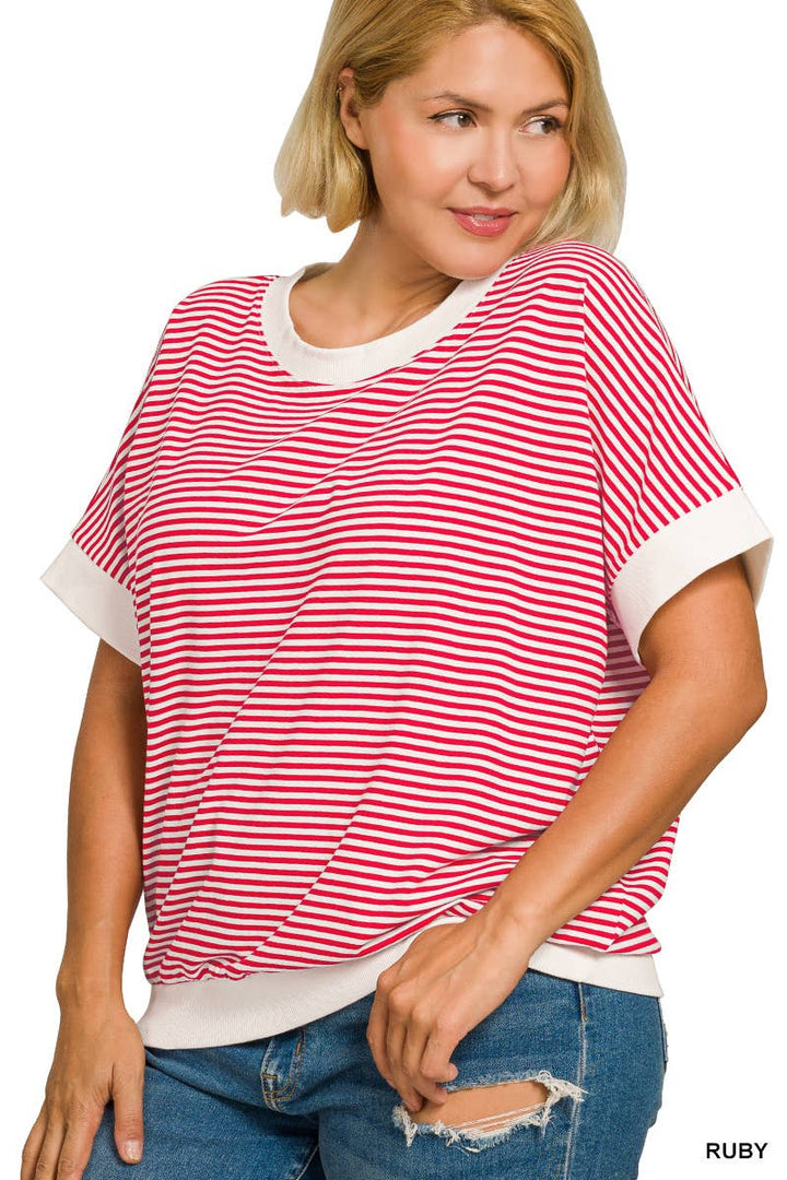 Plus Stripe Contrast Trim Banded Bottom Top