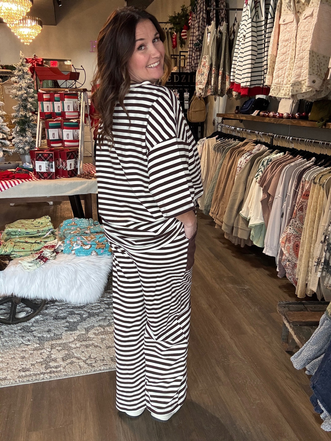 Brown Striped Knit Lounge Set