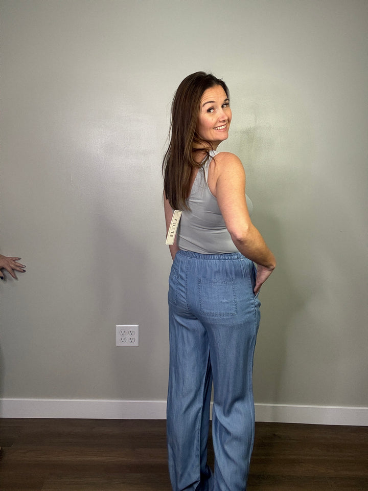 Chambray High Waist Drawstring Pants