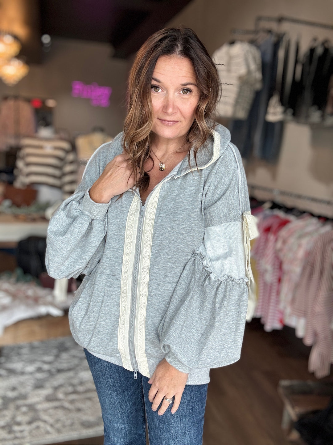 Grey Balloon Sleeve Lace Trim Zip Hoodie