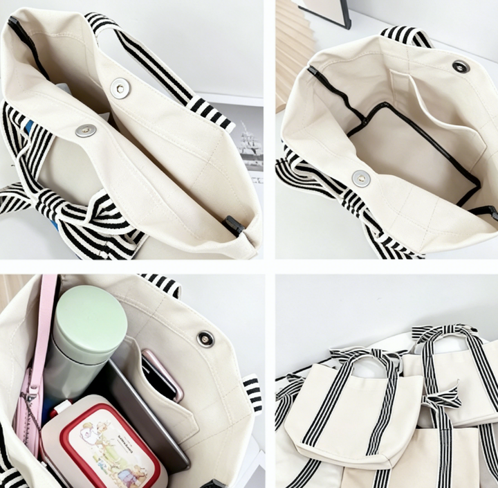 Striped Tote Bag Beach Bow Handle