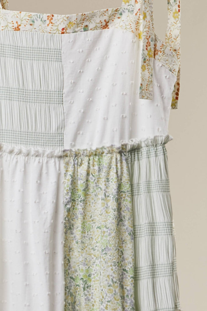 Patchwork Tie-Shoulder Tiered Maxi Dress