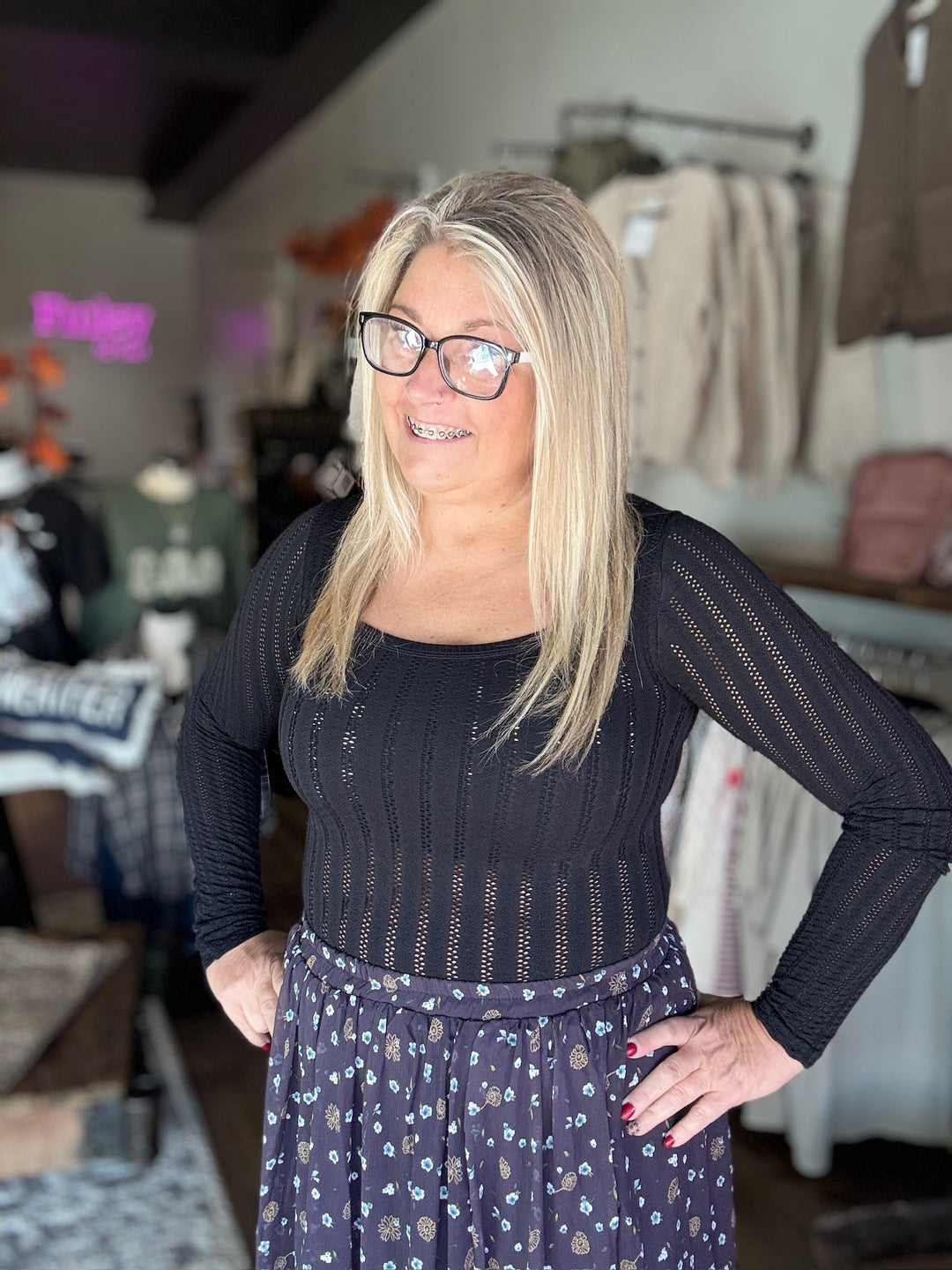 Pointelle Stripe Scoop Neck Top