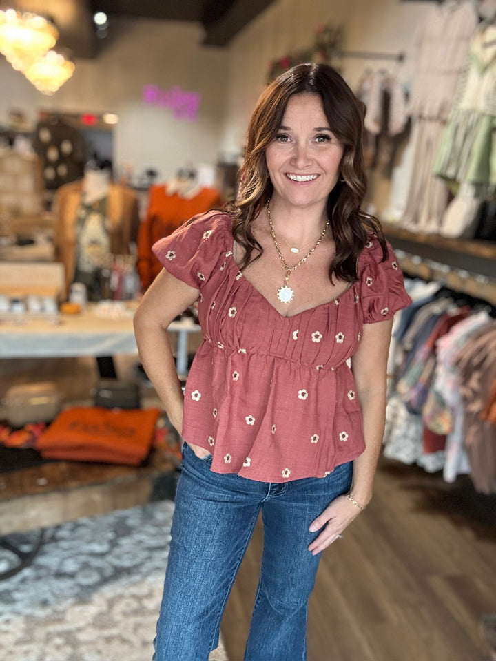 Daisy Embroidered Pleated Top