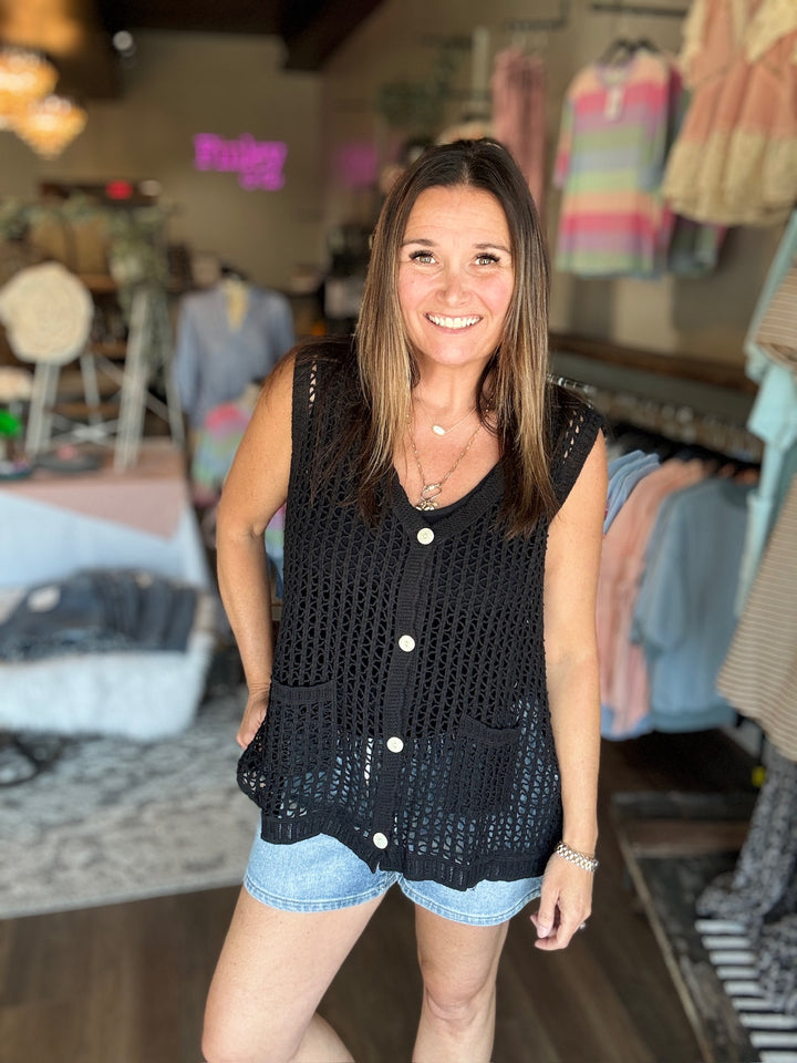Easygoing Summer Black Crochet Vest