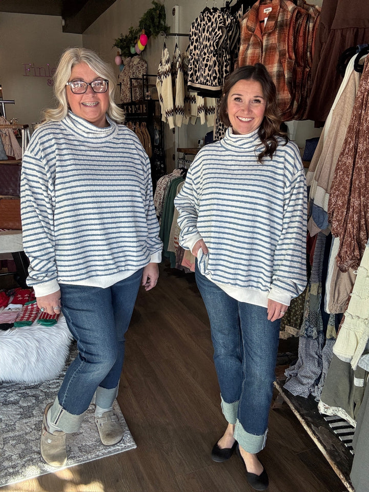 Mock Neck Blue Striped Sweatshirt