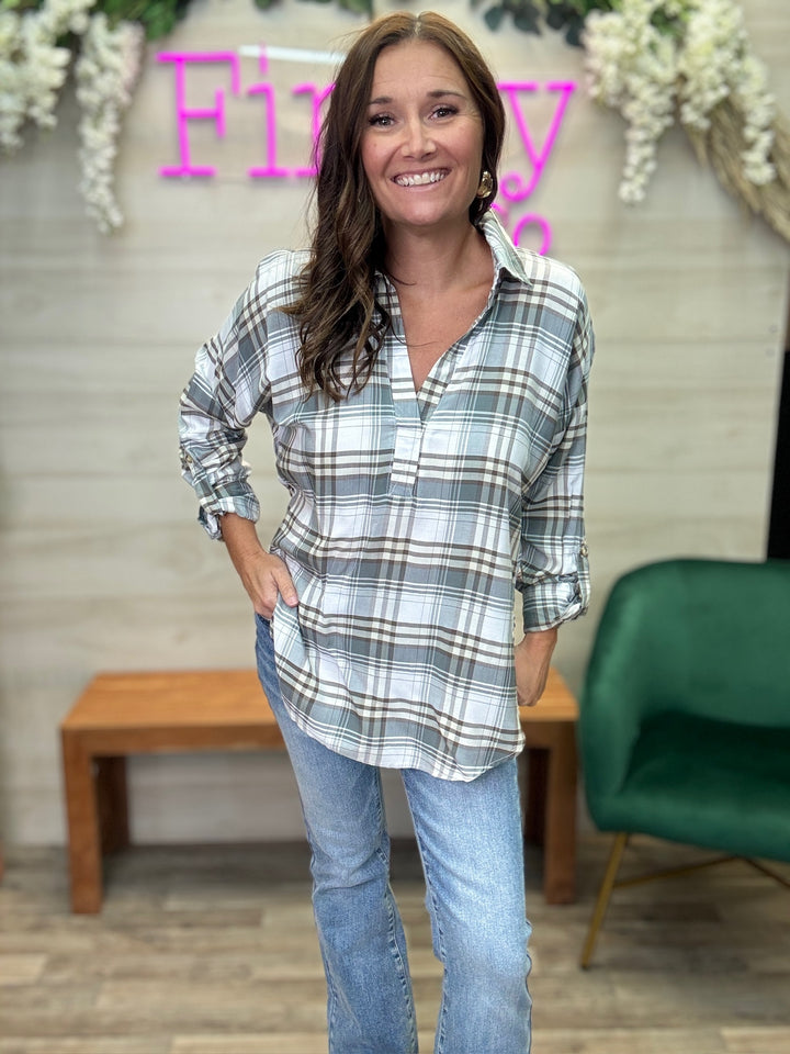 Split Neck Plaid Top