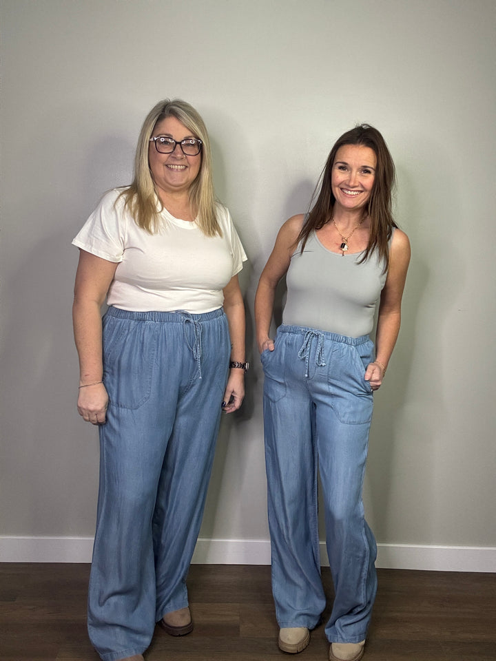 Chambray High Waist Drawstring Pants