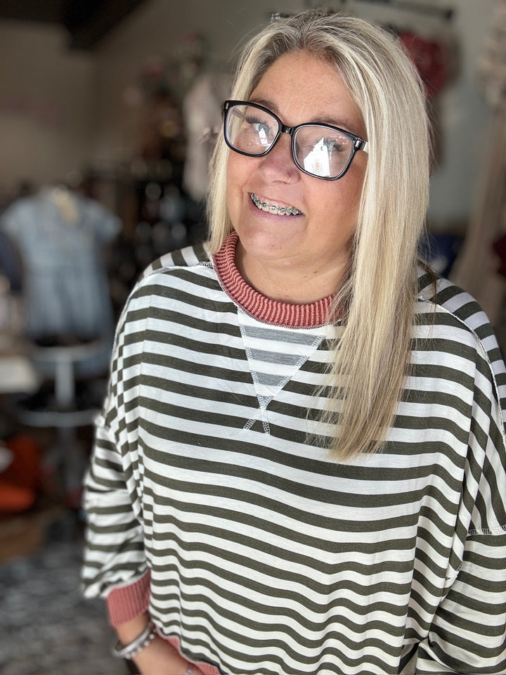 Fall Green Striped Sweatshirt