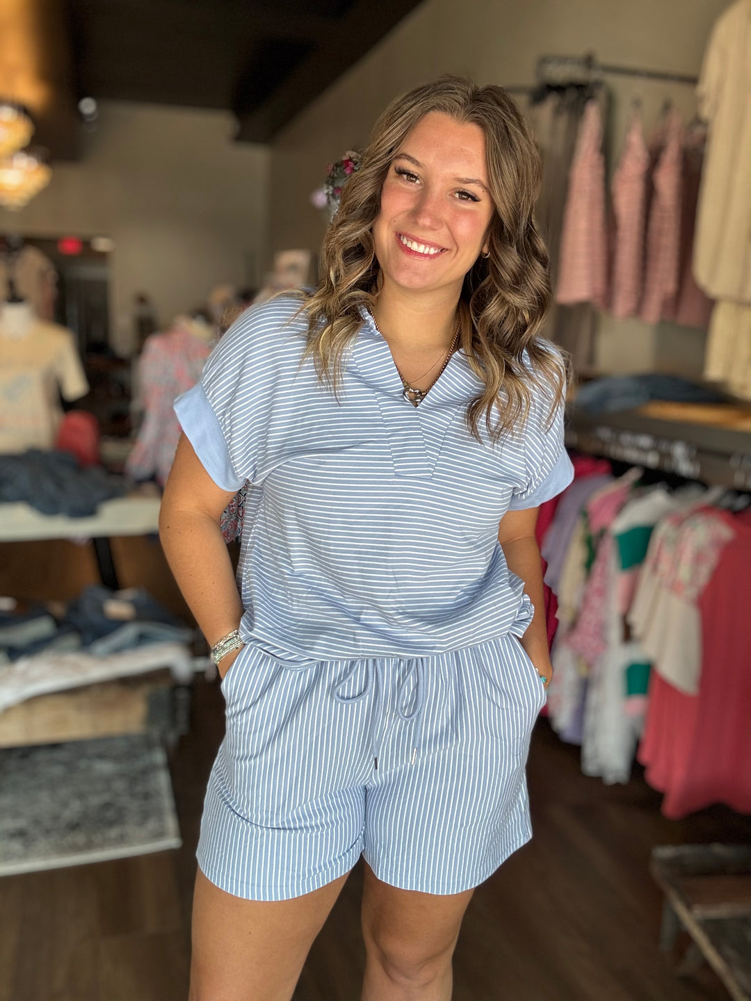 Sky Blue Stripe Shorts Set