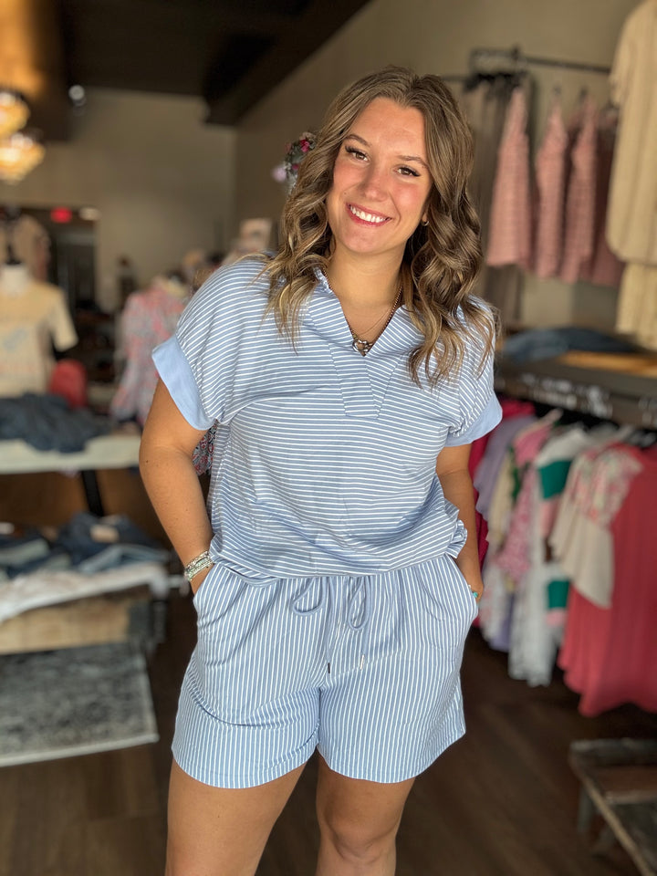 Sky Blue Stripe Shorts Set