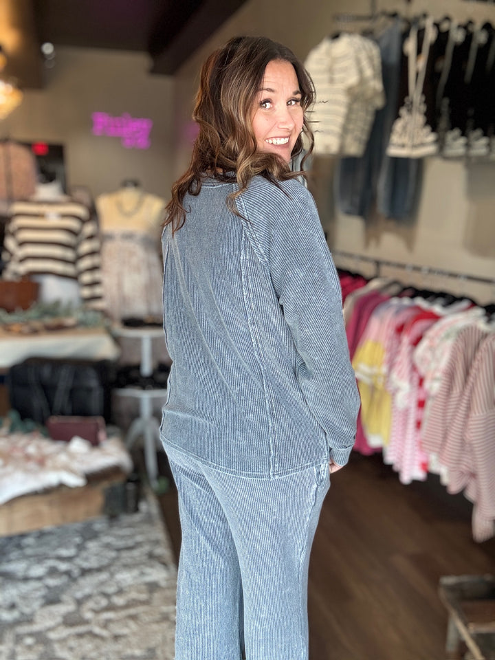 Blue Washed Ribbed Knit Top