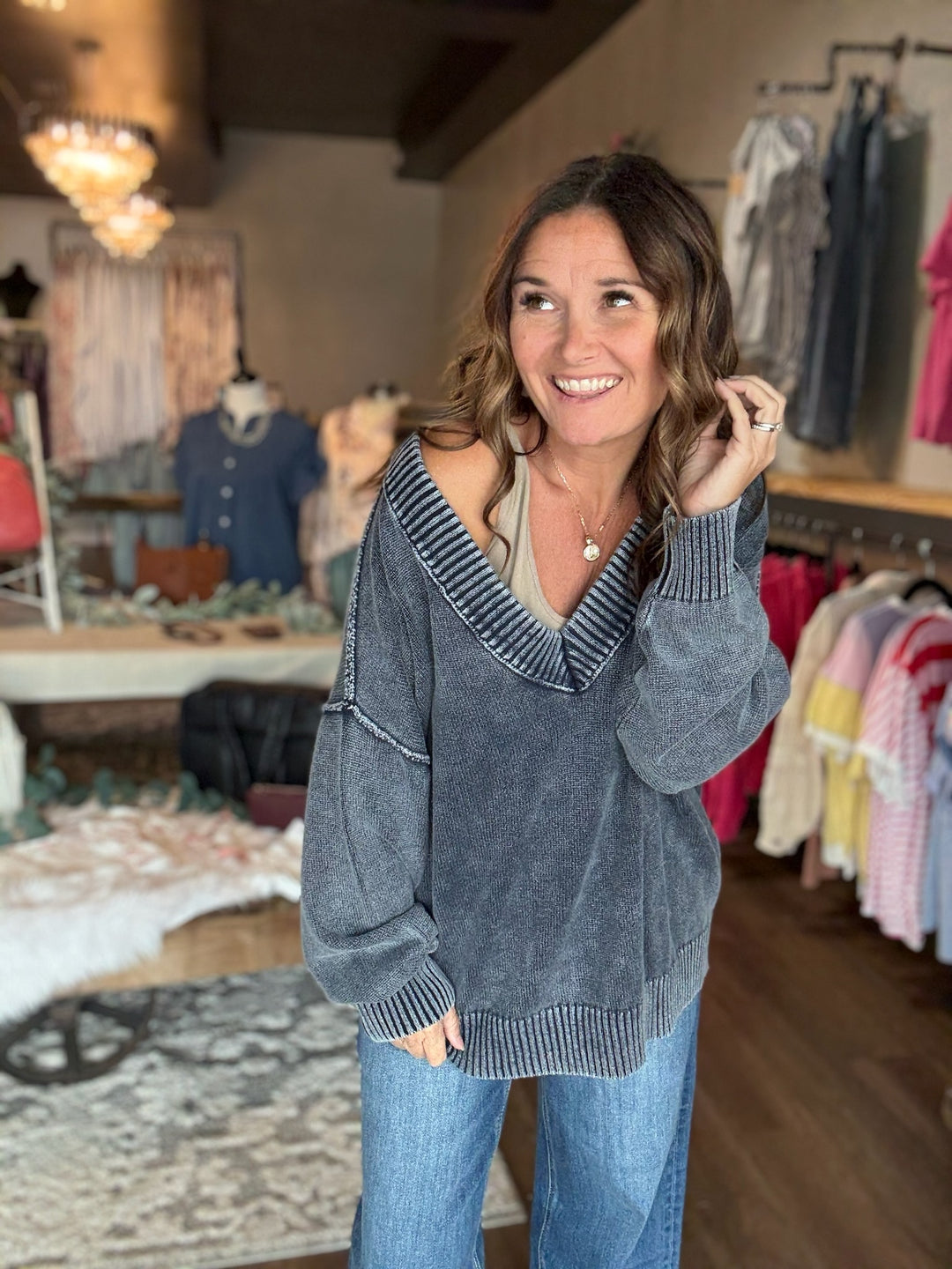 Navy Washed V Neck Knit Sweater