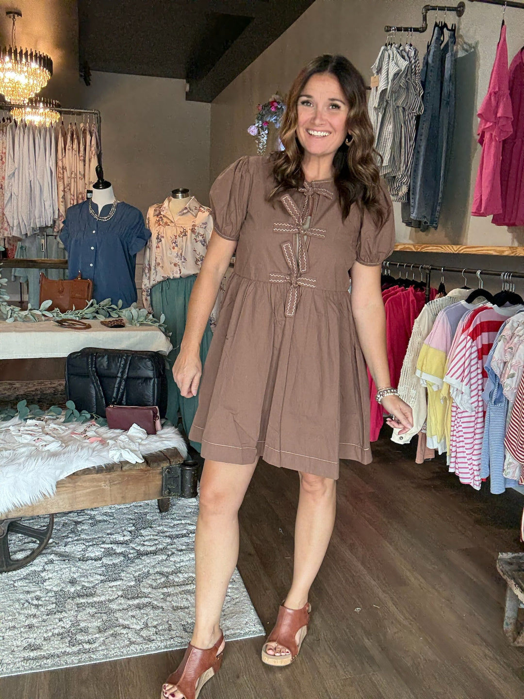 Brown Front Tie Babydoll Dress