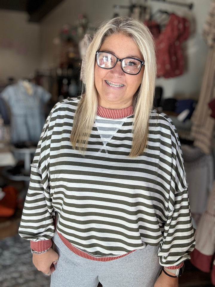 Fall Green Striped Sweatshirt