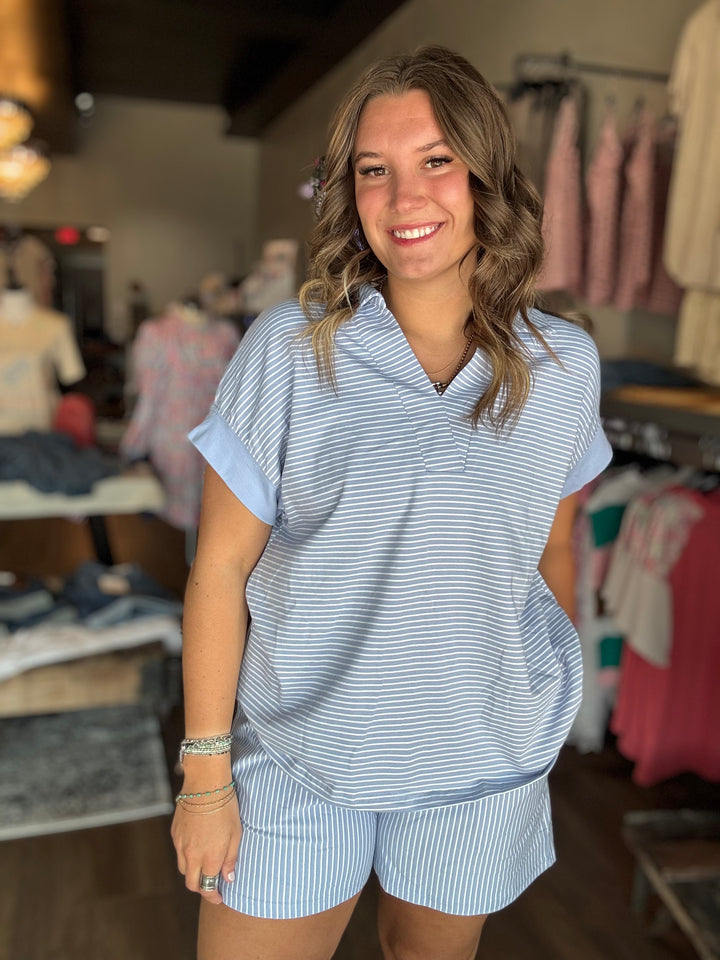 Sky Blue Stripe Shorts Set