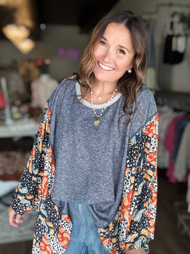 Blue Patchwork Print Boho Top