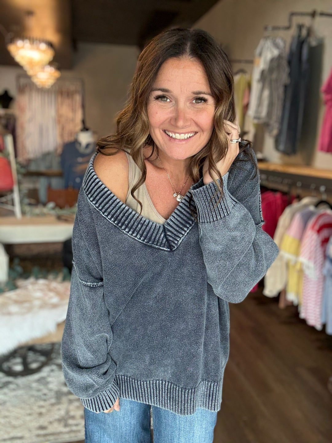 Navy Washed V Neck Knit Sweater
