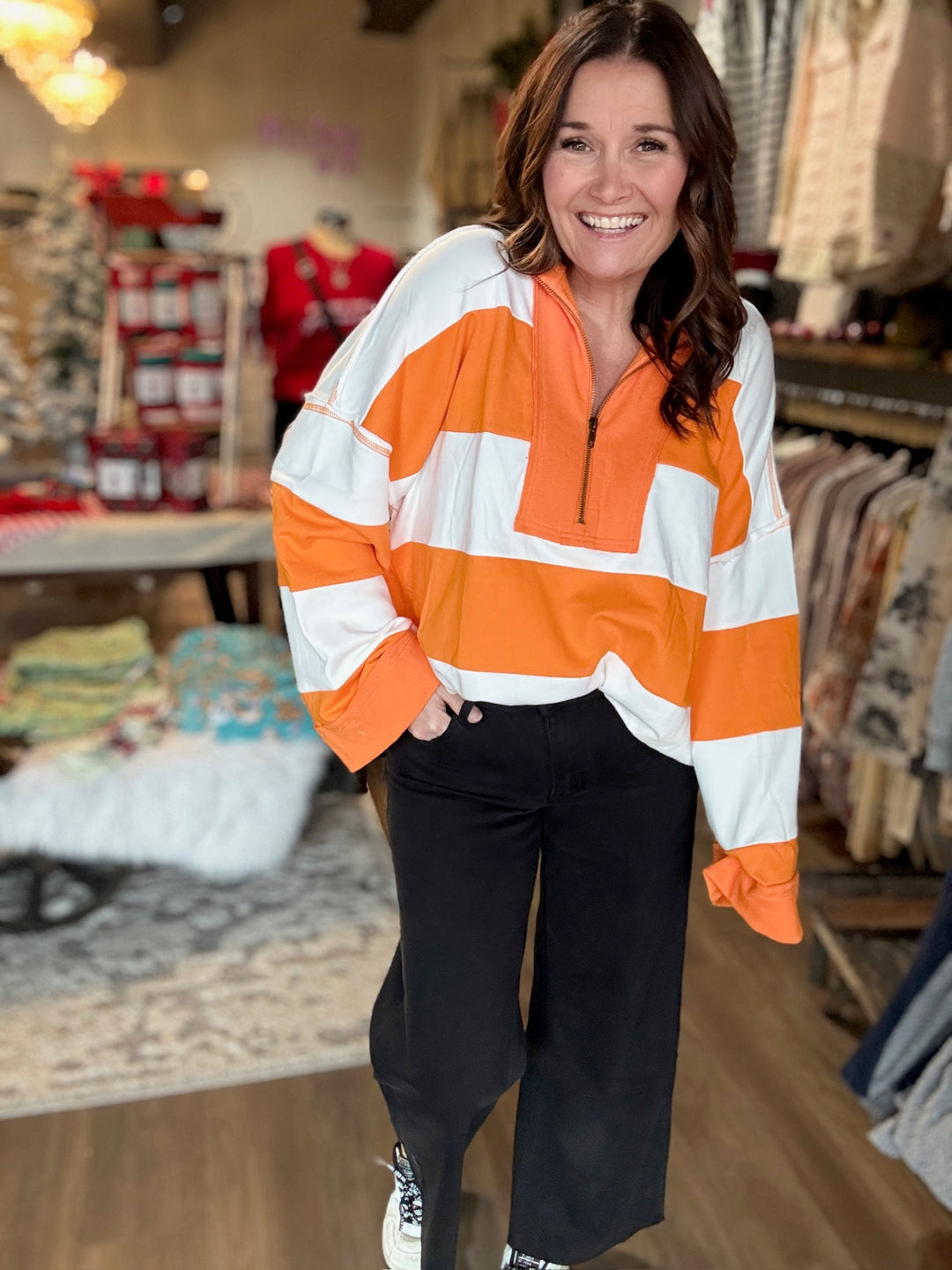 Orange Stripe Zip Pullover