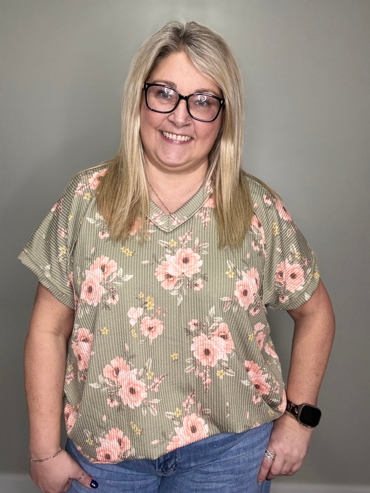 Olive Ribbed Floral Top