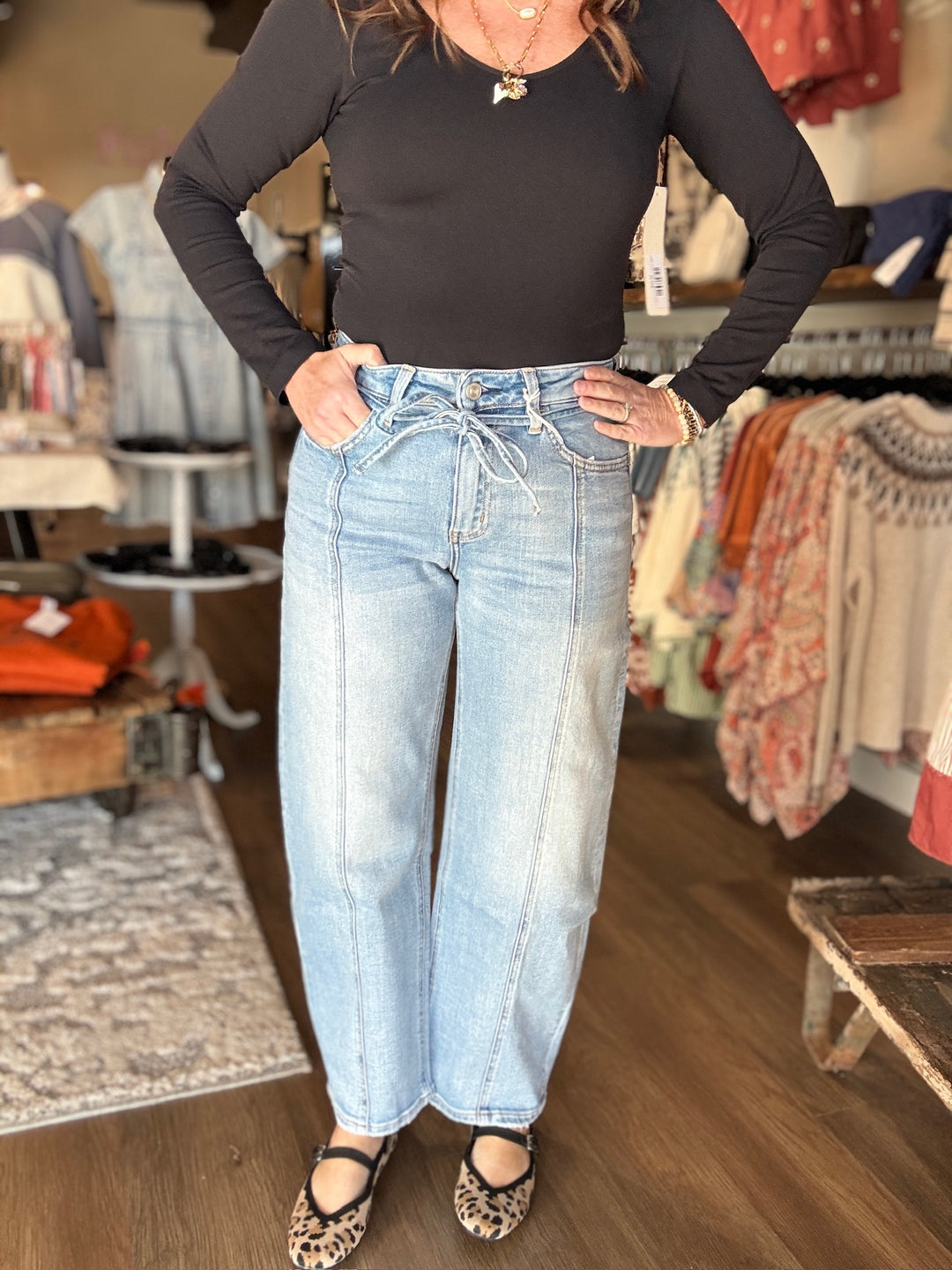 Lovervet Barrel Leg Waist Tie Jeans