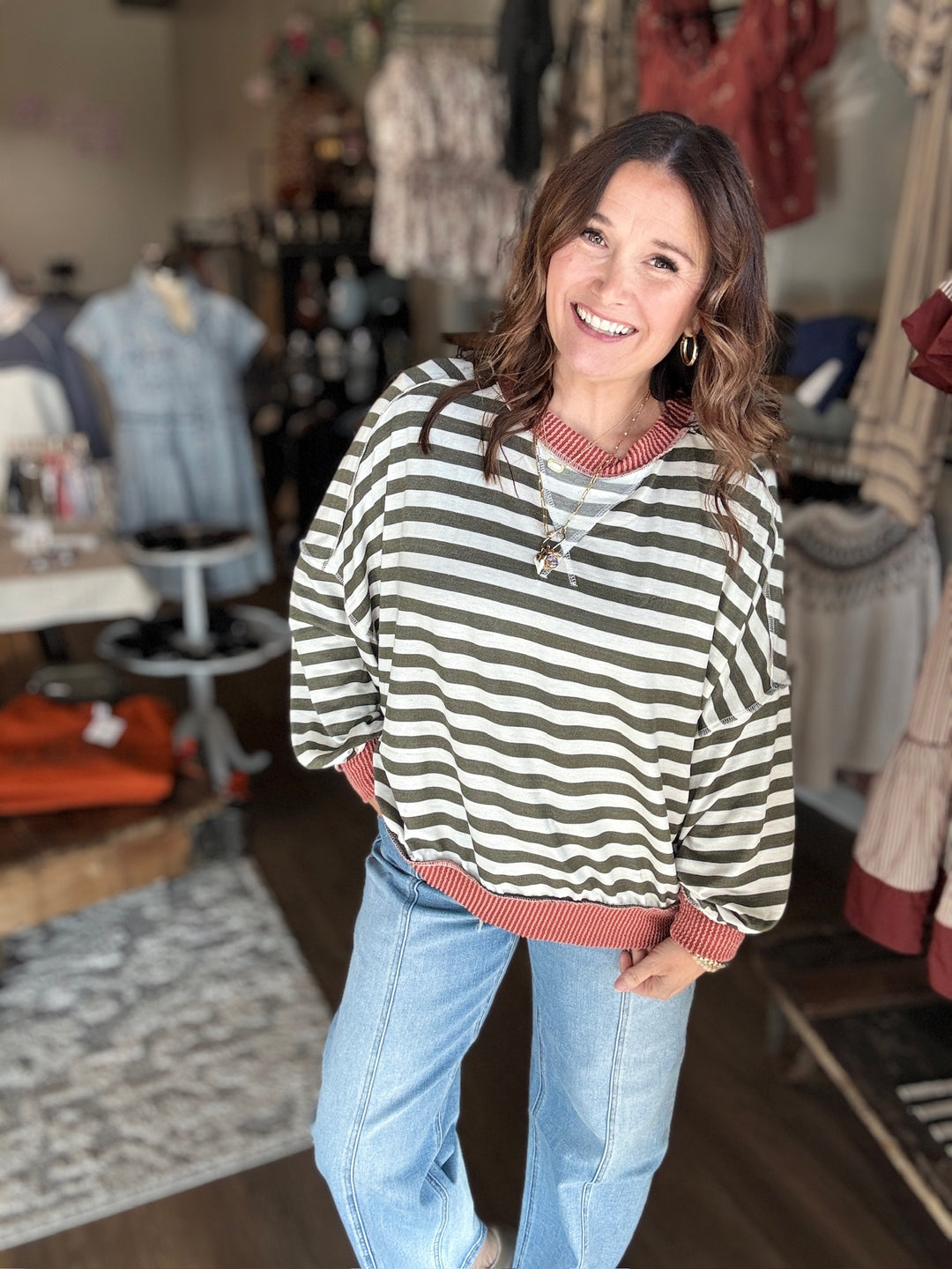 Fall Green Striped Sweatshirt